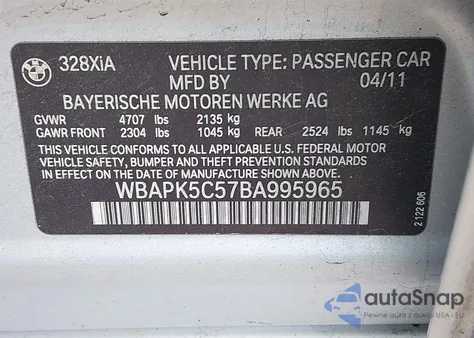 2011 BMW 328I xDrive z USA, uszkodzony, nr VIN WBAPK5C57BA995965